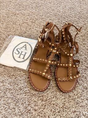 ASH Tan Leather Studded Gladiator Sandals with Gold Accents